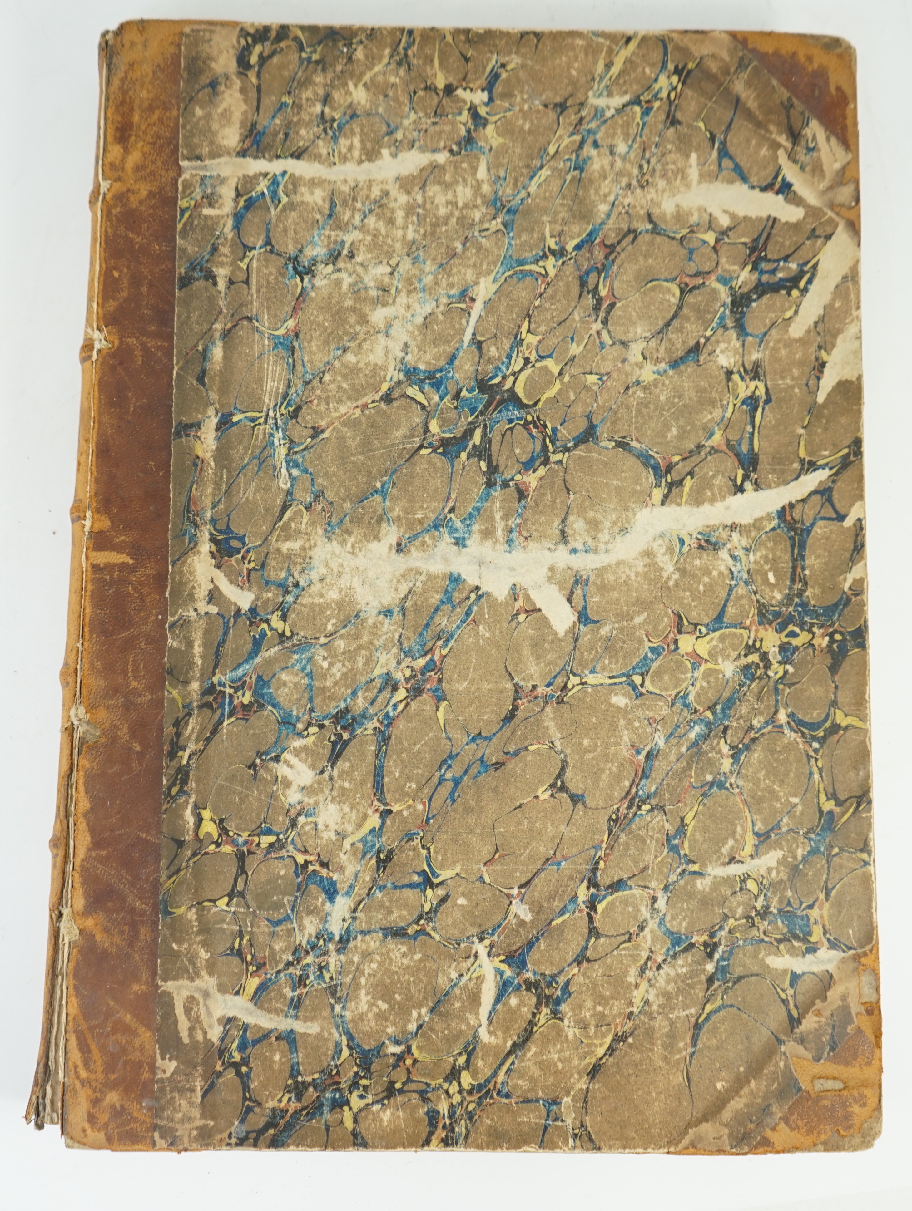 The Illustrated London News, vol.12 (Jan. to June 1848). pictorial engraved title and wood engraved illus. throughout and with large folded panoramic frontispiece (Paris in 1848); old half leather and marbled boards, fol